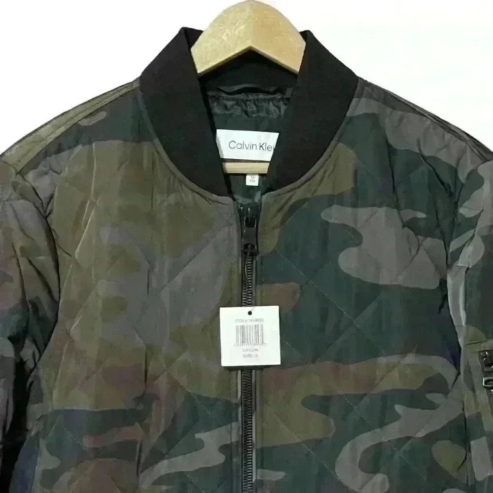 Calvin Klein Diamond-Quilt Camo Bomber Jacket Mens S Green Full Zip NWT